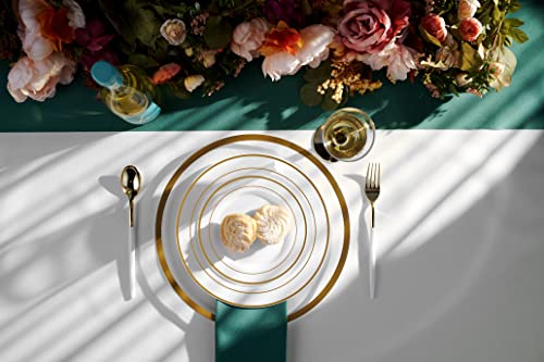 BloominGoods Gold Rimmed Plastic Dinner Plates (100 Pack) 10.25" Inch Heavyweight White Weddings Parties and Events Plates with Real China Look | Disposable or Reusable - Thumbnail 4