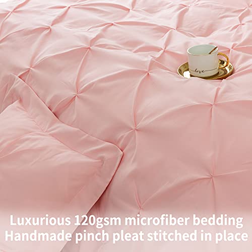 3 Pieces Bedding Duvet Cover Set, Pinch Pleated Queen Duvet Cover, Pintuck Comforter Quilt Cover With 2 Pillow Shams-Queen-90 X 90 Inches-Pink #TOP4