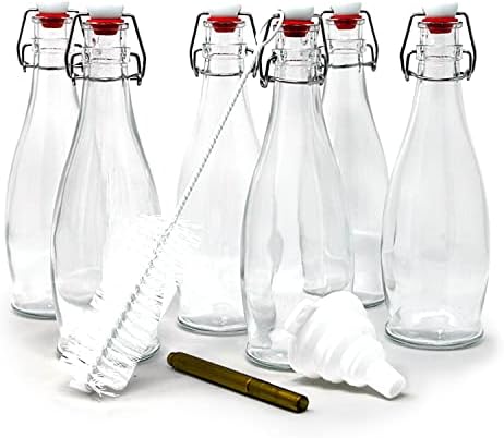 Nevlers Set of 6 | 17 oz Glass Bottle Set with Airtight Swing Top Stoppers | Home Brewing Bottles for Kombucha, Beer, Water Kefir, Limoncello | Includes Bottle Brush, Funnel and Gold Glass Marker
