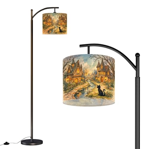 RAINFALLARING Floor Lamp Cozy Fairy Tale Village Stone Houses Warm Lights Stream Black Cat Arc Floor Lamp with Remote Modern Dimmable Standing Lamps for Living Room Bedroom Office Home Room Decor