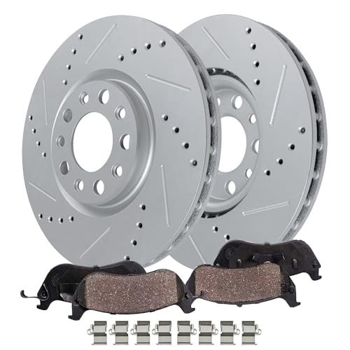 Image of Detroit Axle - Front Brake Kit for 2018-2023 Jeep Wrangler, Drilled and Slotted Disc Brake Rotors Ceramic Brakes Pads w /Hardware 2019 2020 2021 2022 Replacement : 12.99 inch inch Rotor