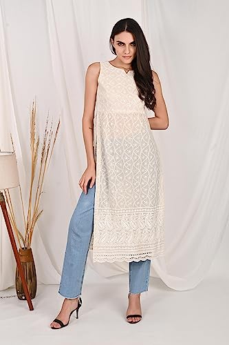 Image of Lucknowi Chikankari Pure Cotton Sleeveless Nyra Cut Straight Long Casual Kurti for Women