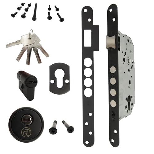AZERODESIGN-Cerradura Embutir-Cerradura Seguridad-4 Bulones -Cerradura Exterior Puerta-Canto Redondeado-Cerradura Puerta-5 Llaves-Orificio de Entrada de 50mm-NEGRO