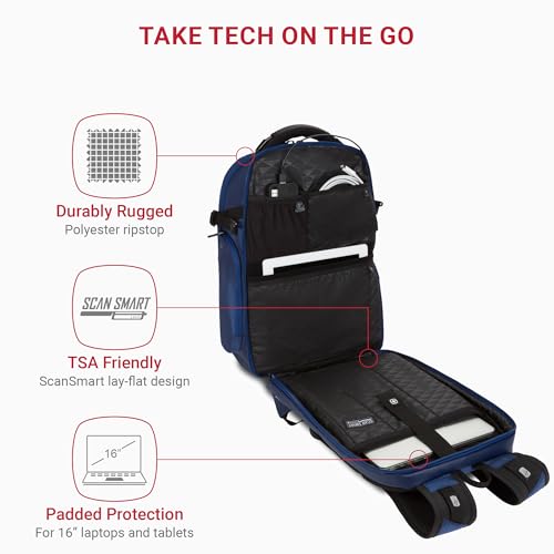 Image of SwissGear Travel Tech Elite Laptop Backpack - Fits Laptops up to 16 inch - ScanSmart TSA-Friendly Backpack with USB Port, Shoe Compartment & Organizer Pockets - Navy Ballistic