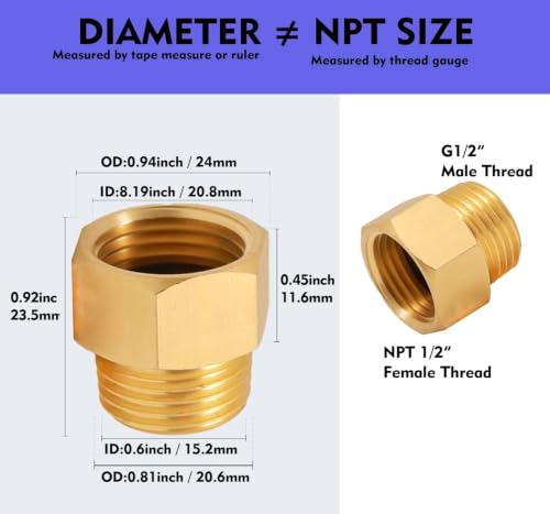 XLHippo G 1/2 BSP Male to US 1/2 NPT Female Thread Converter Adapter (2-Pack), Solid Brass Pipe Fitting，Water Hose Adapter, British to US Gauge Sensor Sender Adapter BSP NPT Thread Converter by XLhippo - Used condition - Image 2