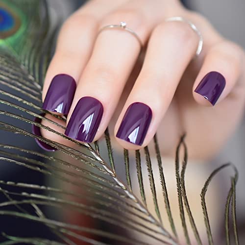 Ibeautying Press On Nails - Dark Purple Pure Color False Nails | Uv Full Cover Finish Short Squoval Shape Reusable Fake Nails In 10 Sizes - 24 Nail Kit With Jelly Glue Pad #TOP2