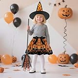 ACWOO Kids Witch Costume, 4PCS Halloween Pumpkinhead TuTu Skirt Suit Costumes Set with Witch Broom and Hat, Stickers, Magic Fancy Dress Cosplay Outfit for Halloween Carnival Party Dress up Cosplay - Image 5