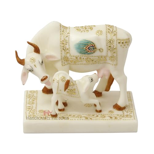 Image of Handicrafts Paradise Cultured Marble Hand Made Painted Kamadhenu Cow Baby, Animal Figurine 4.3 Inch