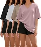 Kinglaman 4 Pack Oversized TShirts for Women, Short Sleeve Drop shoulders Plus Size Baggy Dry Fit T Shirts Tops Tees for Casual or Athletic 1 Black 1 White 1 Dark Pink 1 Khaki Large