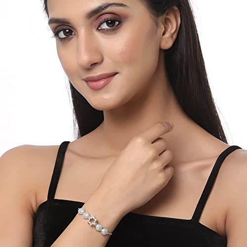 Image of ZENEME Set of 2 Rhodium Plated Silver Toned Crystals Contemporary Cubic Zirconia Brass Adjustable Bracelet For Women & Girls