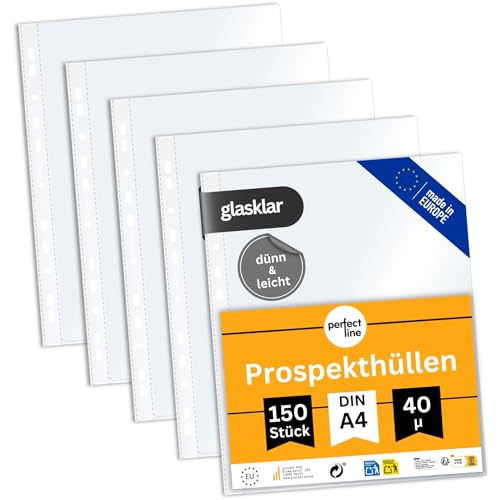 perfect line - 150 Prospekthüllen DIN A4 - Klarsichtfolien Glasklar - 40 my Stark - extra leicht, dünn, platzsparend - dokumentenecht, säurefrei