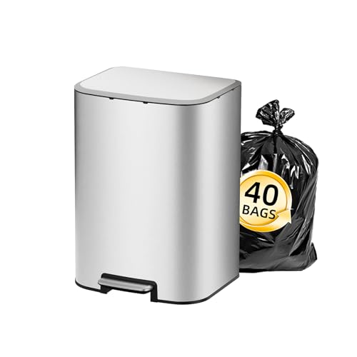 Image of KUK 5.3 Gallon Kitchen Trash Can with Lid, Heavy Duty Hands-Free Stainless Steel Commercial Step Trash Bin with Removable Inner Bucket, Pedal Rubbish Bin for Home Office and Kitchen, 20L /5.3Gal