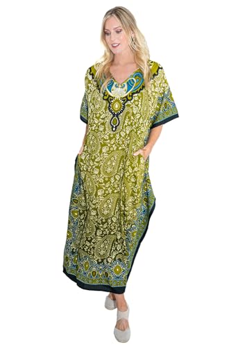 Miss Lavish London Long Caftans for Women - Boho Kaftan Dress, Plus Size Summer Kaftan, Women's Loungewear and Beach Caftans, Maxi Kaftan Tops for Lounging or Swimwear Cover-Ups, Size L,Green Kaftans