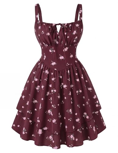 Scarlet Darkness Floral Mini Corset Dress for Women Teen 2026 Summer Spring Flowy A-Line Sundress with Pockets Wine Pink Bloom L