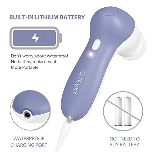 Rechargeable Facial Cleansing Spin Brush Set with 7 Interchangeable Brush Heads - Waterproof Face Spa System by CLSEVXY - Advanced Microdermabrasion for Gentle Exfoliation and Deep Scrubbing(Purple)