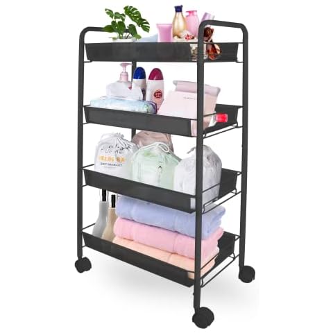 Afranti Utility Cart 4-Tier Rolling Cart with Wheels Metal Multifunction Storage Rack Organizer Trolley Mesh Wire Basket and 2 Lockable Wheels for Home Office Bedroom Bathroom Kitchen Cover