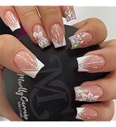 30Pcs White French Tip Press on Nails Short Square Fake Nails with 3D Flower Shiny Star Designs S...