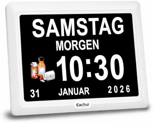Eachui Digitaler Demenz Uhr Großes Display für Senioren,Plug in(7 Zoll) | Datum Tag der Woche Kalender Uhr 20 Erinnerungen 3 Klingeltöne 10 Stufen Lautstärke, Auto DST