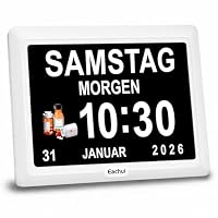 Eachui Digitaler Demenz Uhr Großes Display für Senioren, Plug in elektrische Datum Tag der Woche Kalender Uhr 20 Erinnerungen 3 Klingeltöne 10 Stufen Lautstärke, Auto DST (7 Zoll,Weiß)