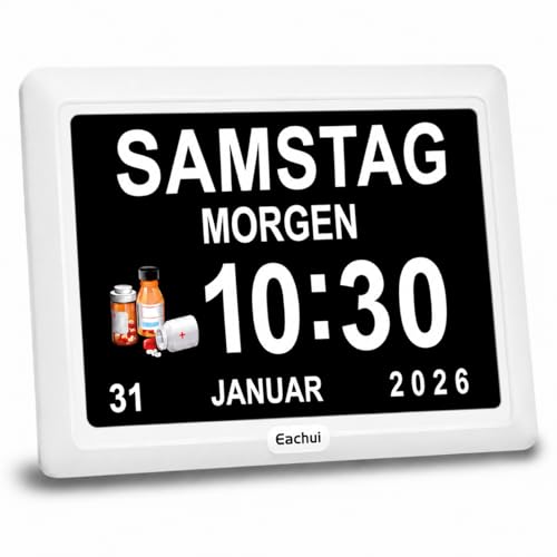 Eachui Digitaler Demenz Uhr Großes Display für Senioren, Plug in elektrische Datum Tag der Woche Kalender Uhr 20 Erinnerungen 3 Klingeltöne 10 Stufen Lautstärke, Auto DST (7 Zoll,Weiß)