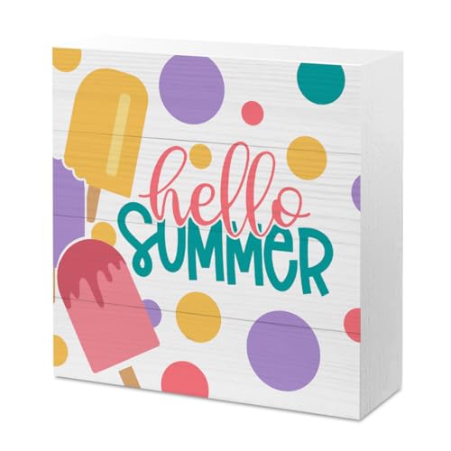 Gejoyse Cute Summer Decor for Home Office Desk, Ice Cream Sign, Hello Summer Sign, Shelf Cubicle Tabletop Decor for Women 5 x 5 Inch