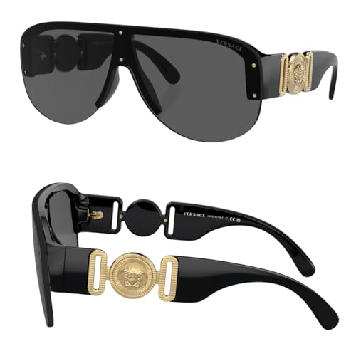 Versace VE4391 48mm Non-Polarized Oval Heart Sunglasses for Men – Black Injected Frame with Black Temples, 100% UV Protection, Lightweight & Comfortable Sunglasses, eShades Eyewear Kit Included