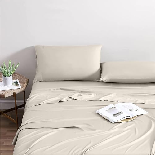 Mayfair Linen 100% Viscose Derived from Bamboo Sheets Twin - 3 Piece Bamboo Viscose Sheets for Twin Size Bed, Silky Soft, Breathable & Cooling Luxury Sheets, 16" Deep Pocket Fitted Sheet - Beige Sheet
