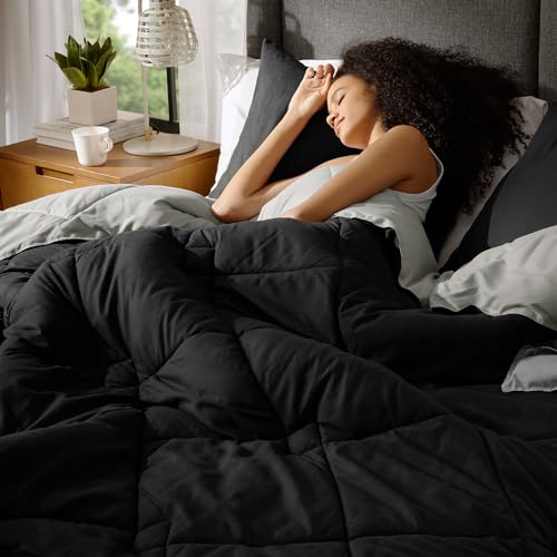 Image of Comfort Spaces Vixie 3 Piece Comforter Set All Season Reversible Goose Down Alternative Stitched Geometrical Pattern Bedding, Full /Queen, Black /Grey