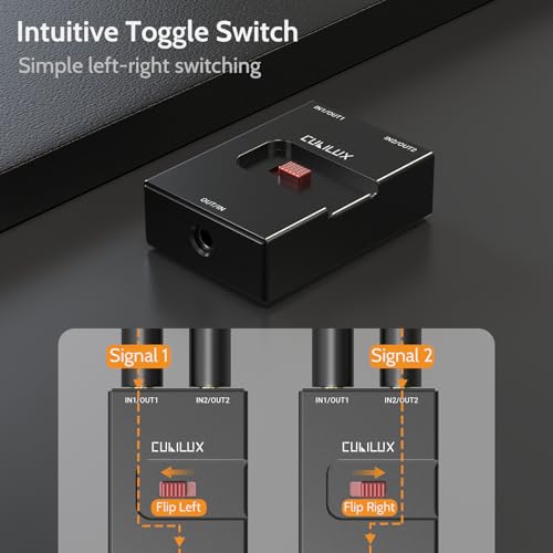 Cubilux 3.5mm Audio Selector, Bidirectional 2-In-1-Out or 1-In-2-Out 1/8-in TRS Headphone Switcher, Ultra-Compact Aluminum Case Passive Toggle A/B AUX Switch Box for PC - Thumbnail 2