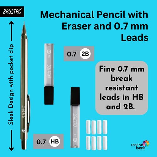 Image of BRUSTRO Mechanical Pencil Set | HB-20 leads, 2B-20 leads,Spare eraser 8 units|Tip size 0.7 mm | Ideal for Students,Adults, Home, School, Office, Stationery Use |Writing, Sketching, Drawing,Mandala Art