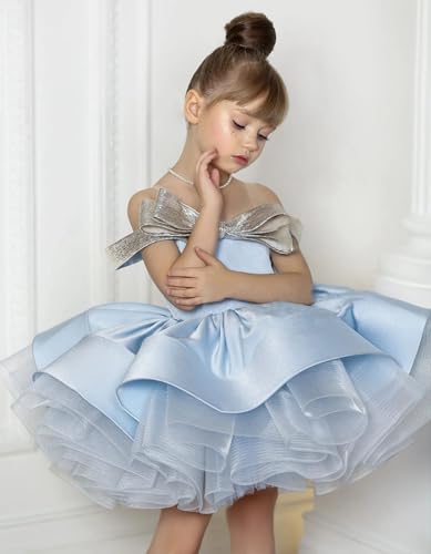 Girls Short Ruffled Pageant Gowns with Gold Bow Off-Shoulder Ball Gown Christmas Party Dresses3