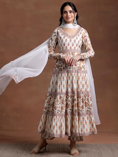 Image of Libas Women Cotton Off White Printed A Line Kurta With Palazzos Dupatta | daily wear suit