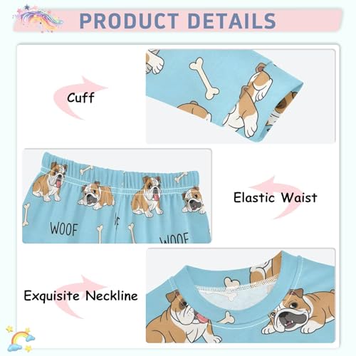 Pajama Sets Long Sleeve Bulldog Pattern with Bones Woof Soft Comfy Sleepwear 2 Piece PJS 3-8T4