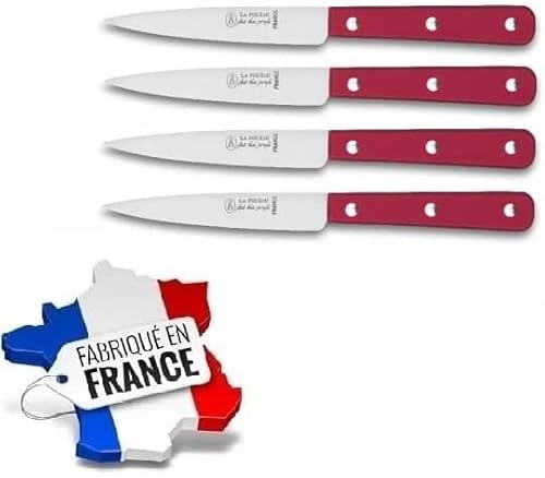 LOT DE 4 COUTEAUX OFFICE ROUGE LAME INOX 10 CM, MANCHE ABS ROUGE 3 RIVETS - FABRICATION FRANÇAISE THIERS - USTENSILE DE CUISINE Cover