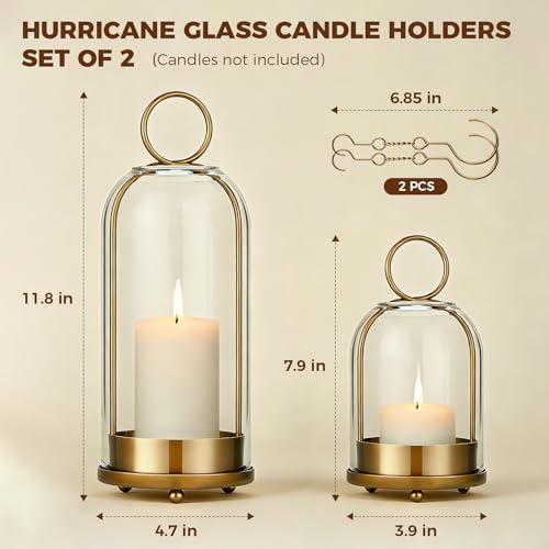 Havmorph 5\"&4\" Hurricane Glass Candle Holders, Hanging Brass Metal Candle Holder for Pillar Candles Table Coffee Table Decor Interior Decoration