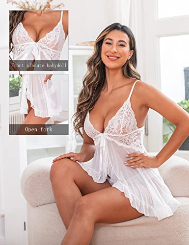 Queenfox Babydoll Nightgowns For Women Sexy Lace Front Chemise Ruffle Sleepwear W S White #TOP4
