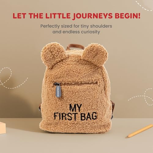 Childhome, Rucksack für Kinder, Baby, Schule, Kindergarten, Krippe, zwei Fächer, geeignet für Lunchbag/Flasche, abnehmbare Sicherheitsschnalle, wasserabweisend, My First Bag, Teddy beige – Bild 4