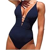 Women One Piece Swimsuit Plunge V Neck Bathing Suit Criss Cross Open Back Monokini Tummy Control Texture Swimwear Navy