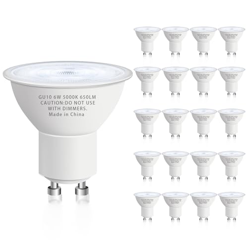 GU10 Led Bulb 6W Equivalent 50W, MR16 Led Bulb 5000K Daylight White Led Bulbs, 650 Lumens, Non-Dimmable, GU10 Base, 2 Prong Track Energy Saving Light Bulbs for Kitchen, Living Room, Bedroom, 20 Pack by CFMASTER - Used condition - US$25.72