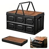 Zinueen Caja plegable resistente de 30 l para acampada, con tapa, 43 x 30 x 24 cm, organizador para maletero y cesto de picnic, caja robusta de polipropileno con tapa de madera (negro)