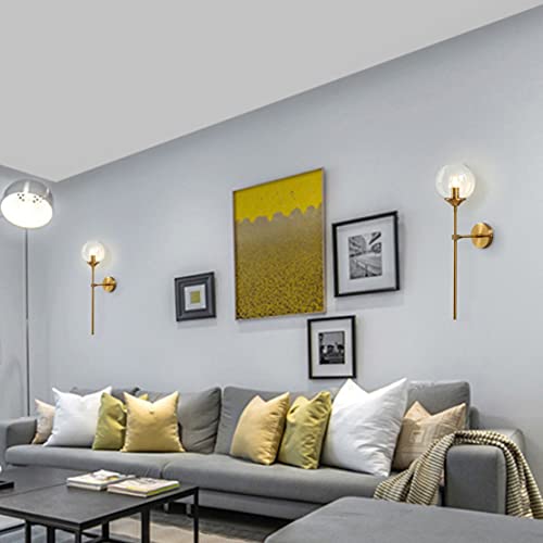 Image of BOKT Clear Bubble Glass Globe Wall Mounted Sconce Light Set of 2 Modern Brass Gold Long Pole Wall Sconce Lighting Set of Two Mid Century Vintage Bathroom Mirror Wall Lamp (Clear)