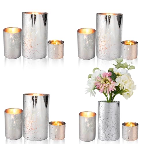 Silver Cylinder Vases Glass Candle Holders Bulk, Mercury Hurricane Candle Holder Small Flower Vases for Centerpieces Tea Light Pillar Votive Candles Wedding Decor Party (4 Set 12Pcs)