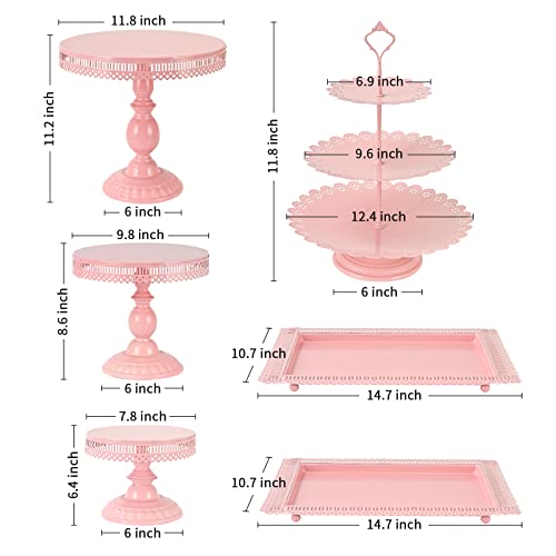 Texinpress 6 Pieces Cake Stand Set Pink Round Cake Stand 8Inch/10Inch/12Inch Pink Metal Cupcake Holder Square Dessert Fruit Display Plate For Wedding Birthday Baby Shower Party Celebration #TOP4