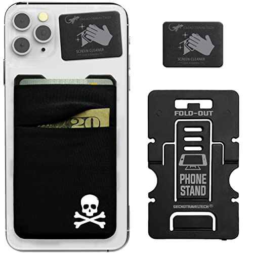 Image of Gecko Travel Tech Double Pocket - Adhesive Card Holder - Cell Phone Pouch - Stick on Lycra Pocket - Carry Credit Cards and Cash - Skull