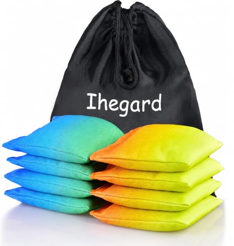 Iheqard Cornhole Bags Set of 8, Weather Resistant Cornhole Bean Bags with Gradient Design, Durable Modified Size Corn Hole Bags for Outdoor Tossing Games, Includes Tote Bag (Bluegreen & OrangeYellow)