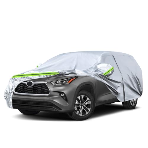 Image of Waterproof Car Covers Replace for 2008-2025 Toyota Highlander, 6 Layers Silver All Weather Car Cover with Zipper Door & Windproof Bands for Snow Rain Dust Hail Protection