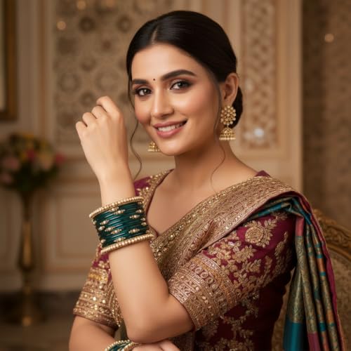Image of SUNDRAM Women's Premium Fancy Glass Bangles for Women & Girls |with Zircon Gemstone Work & Charm| Traditional Ethnic Bangles Set of 12