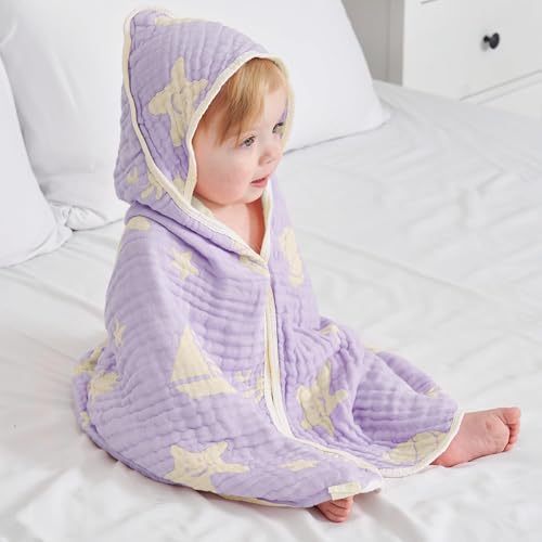 HardNok Muslin Hooded Baby Beach & Bath Towel Organic Cotton (Ocean Purple) | 32x32" 70% GOTS organic cotton, 30% viscose from bamboo. Ultra-soft reversible jacquard for swim/pool, girl shower gifts