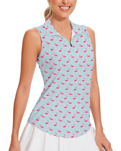 Soneven Women's Flamingo Sleeveless Golf Polo Shirts Zip Up Tennis Shirt Dry Fit Tank Tops Athletic Shirt