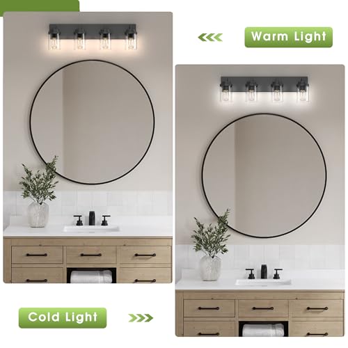 Image of Bathroom Vanity Light, 4 Light Matte Black Vanity Light with Clear Glass Shade, 30in Farmhouse Vanity Light, Bathroom Lighting Fixtures Over Mirror for Bathroom